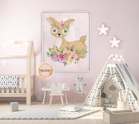 Deer Wall Art Print Baby Girl Boho Woodland Nursery Watercolor Printable Decor