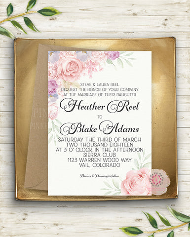 Pink Cream Blush Gold Bridal Baby Shower Invite Invitation Wedding Save The Date Floral Lavender Purple Watercolor Printable Announcement