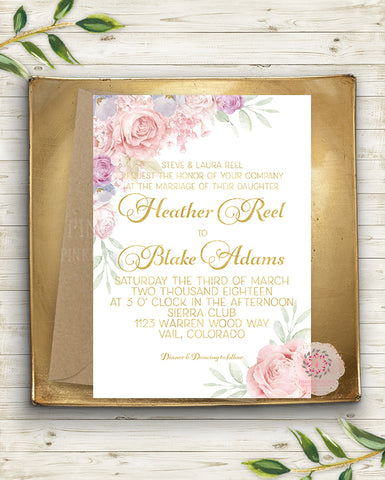 Pink Cream Blush Gold Bridal Baby Shower Invite Invitation Wedding Save The Date Floral Lavender Purple Watercolor Printable Announcement