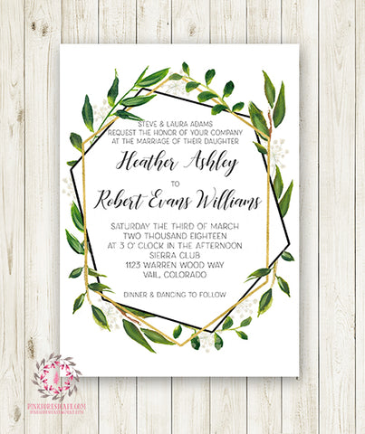 Wedding Greenery Geometric Wedding Invite Invitation Gold Green Leaves Watercolor Bridal Shower Save The Date Announcement Printable