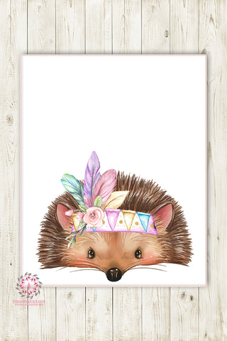 Boho Tribal Feather Hedgehog Woodland Wall Art Print Nursery Baby Girl Bohemian Floral Room Printable Decor