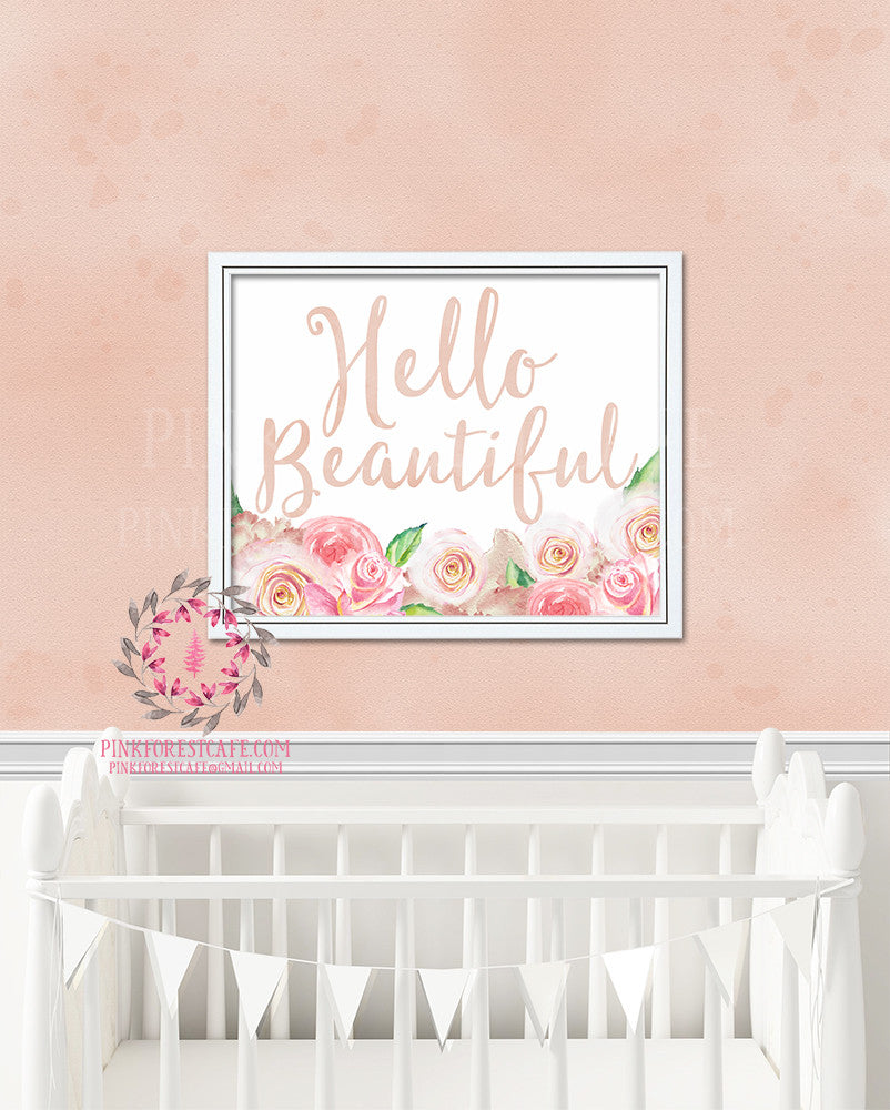 Boho Hello Beautiful Floral Blush Shabby Printable Print Wall Art Poster Nursery Decor