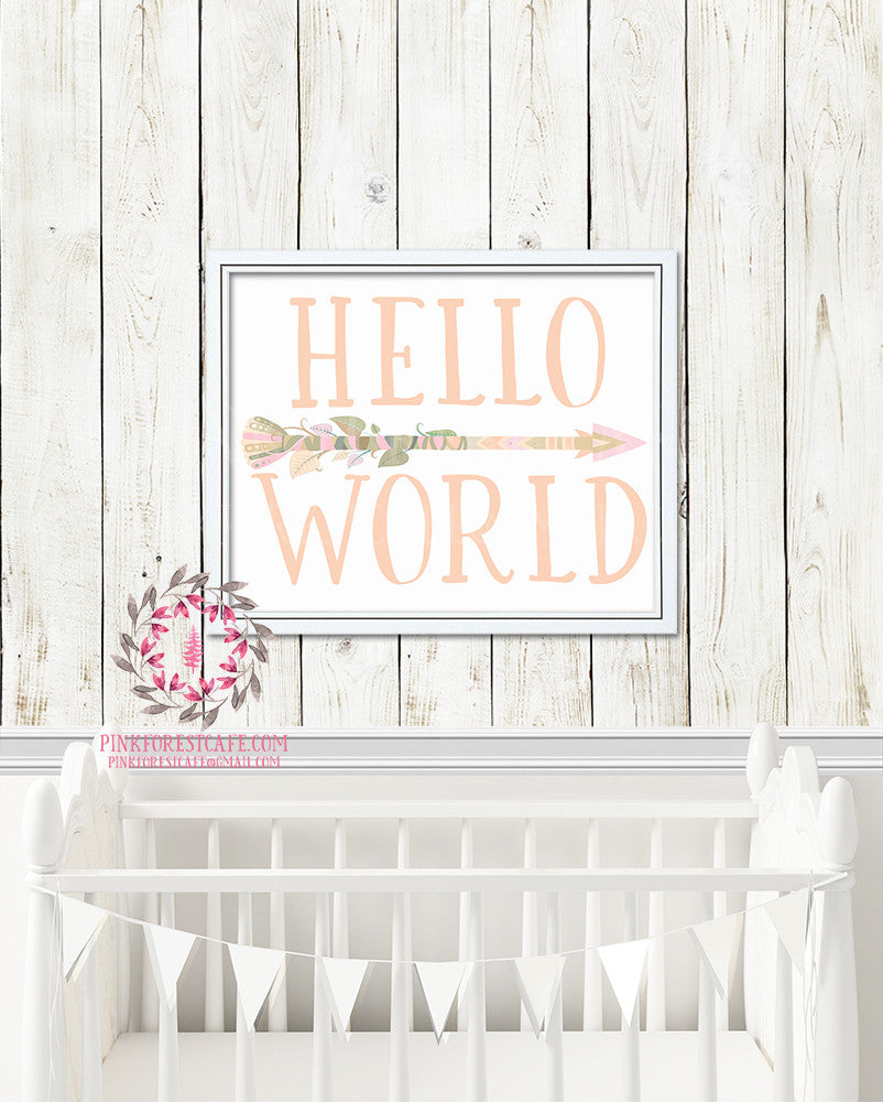 Boho Hello World Arrow Blush Printable Print Wall Art Poster Nursery Decor