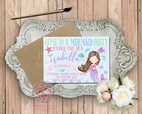 Mermaid Theme Girls Birthday Party Baby Bridal Shower Printable Invitation Invite