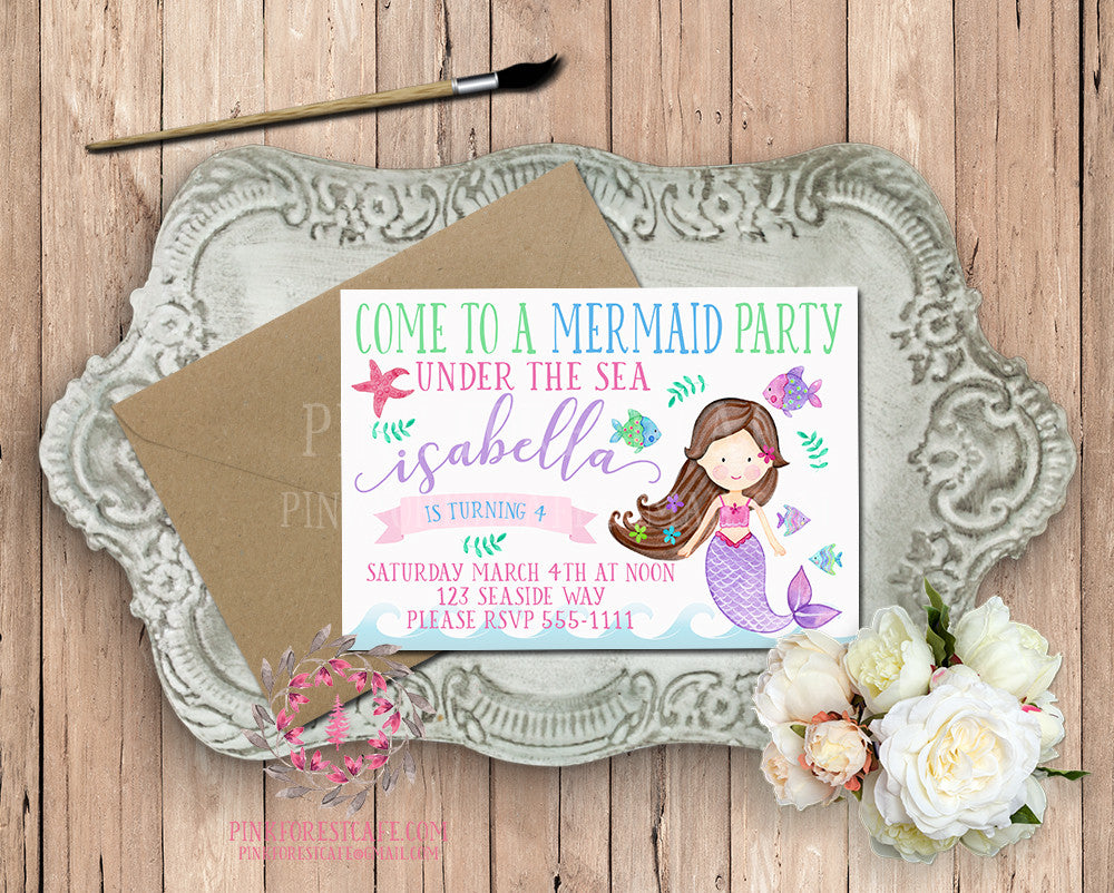 Mermaid Theme Girls Birthday Party Baby Bridal Shower Printable Invitation Invite