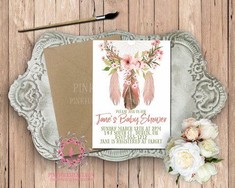 Dreamcatcher Watercolor Tribal Theme Baby Bridal Shower Birthday Party Printable Invitation Invite