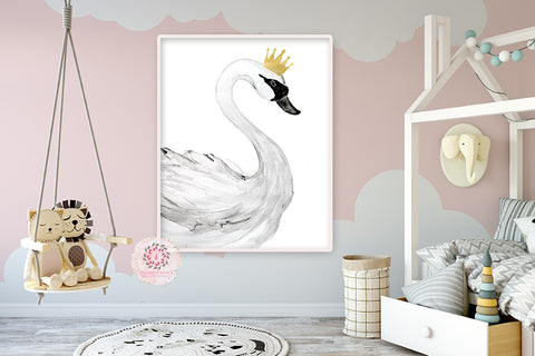 Gold Crown Boho Swan Wall Art Print Watercolor Baby Girl Nursery Printable Decor