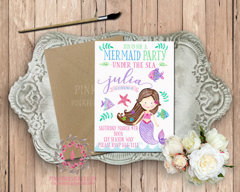 Mermaid Theme Girls Birthday Party Baby Bridal Shower Printable Invitation Invite