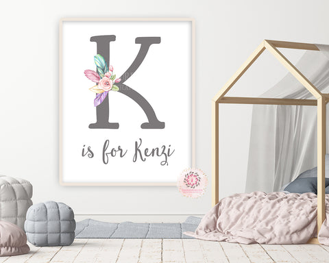 Tribal Feather Monogram Initial Personalized Boho Wall Art Print Baby Nursery Rainbow Watercolor Floral Printable Decor