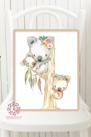 Koala Australian Boho Baby Watercolor Printable Print Wall Art Floral Nursery Baby Girl Room Decor