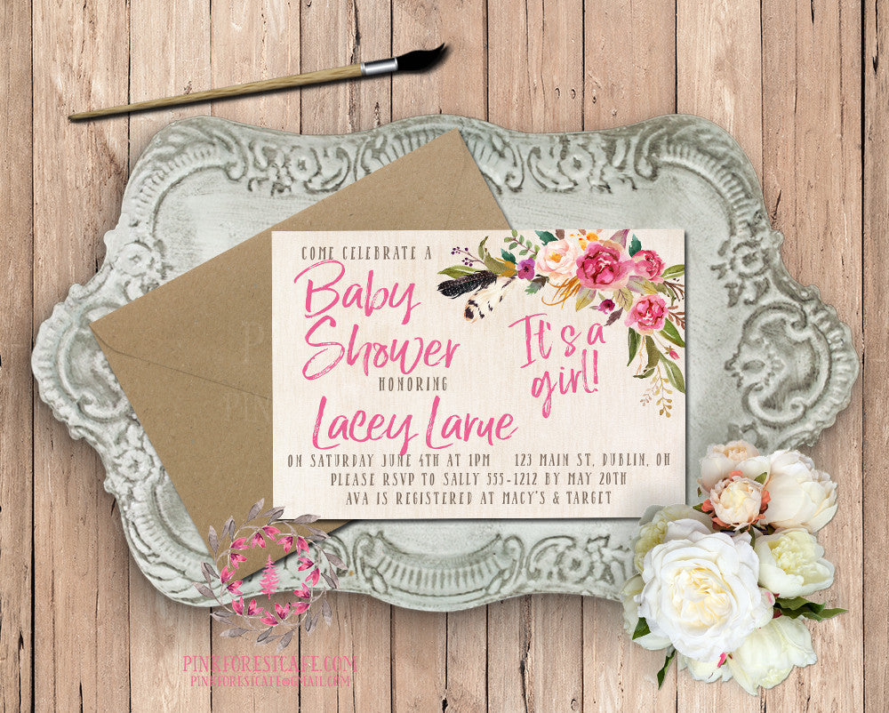 Woodland Watercolor Tribal Floral Feathers Theme Baby Bridal Shower Birthday Party Printable Invitation Invite