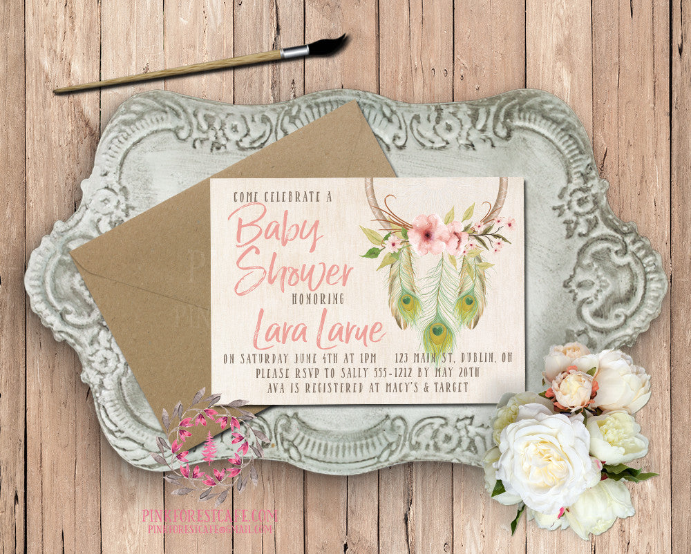 Dreamcatcher Watercolor Tribal Theme Baby Bridal Shower Birthday Party Printable Invitation Invite