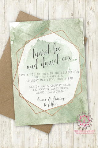 Geometric Greenery Wedding Invite Invitation Polygon Bridal Baby Shower Gold Watercolor Save The Date Printable