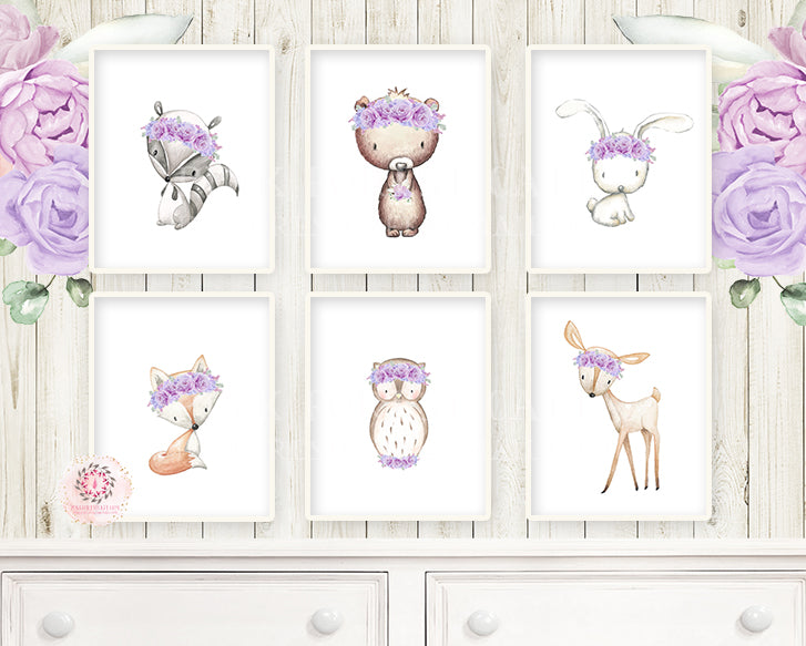 6 Bunny Bear Deer Fox Woodland Wall Art Print Boho Bohemian Purple Floral Nursery Baby Girl Room Lot Set Prints Printable Decor