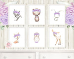 6 Bunny Bear Deer Fox Woodland Wall Art Print Boho Bohemian Purple Floral Nursery Baby Girl Room Lot Set Prints Printable Decor