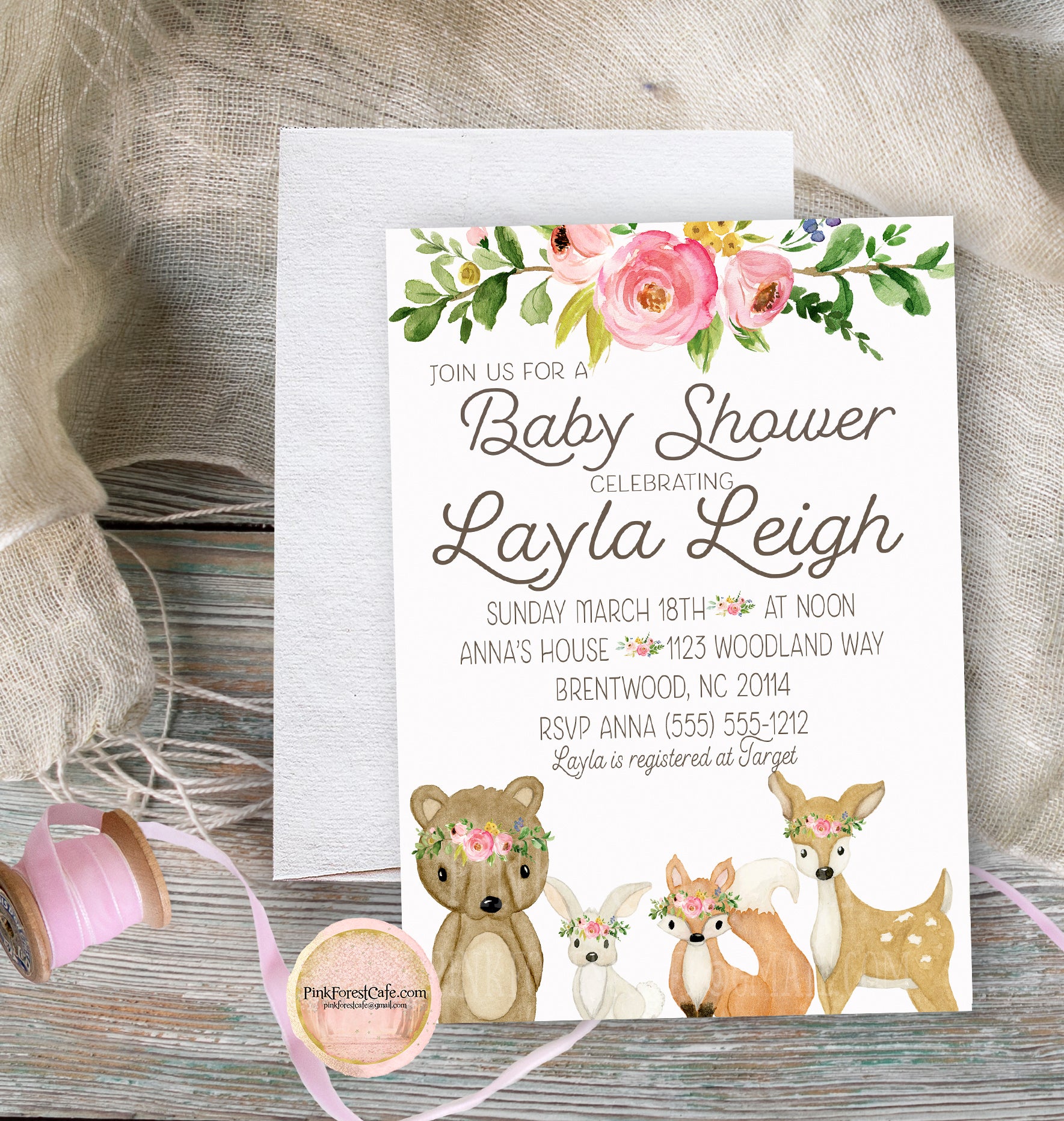 Woodland Deer Bear Bunny Fox Invite Invitation Baby Shower Boho Floral Watercolor Birth Announcement Printable