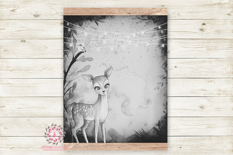 Ethereal Woodland Boho Deer & Bird Nursery Wall Art Print Baby Boy Girl Monochrome Black White Rustic "Lenny" Printable Watercolor Mystery Fantasy Magical Decor