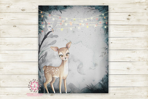 Ethereal Woodland Boho Deer & Bird Nursery Wall Art Print Baby Boy Girl Rustic "Lenny" Printable Watercolor Mystery Fantasy Magical Decor