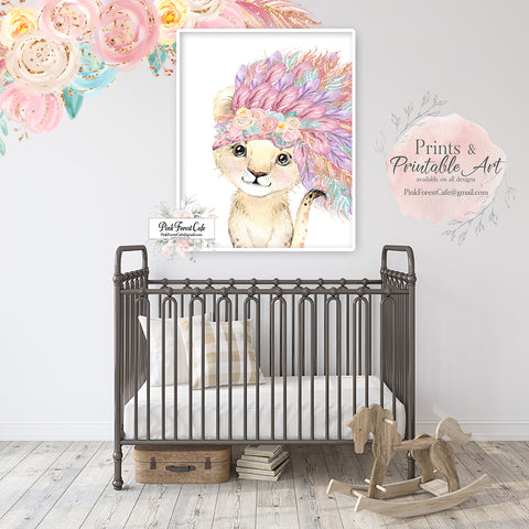 Headdress Feather Tribal Lion Wall Art Print Baby Girl Nursery Pink Gold Purple Boho Whimsical Zoo Safari Animal Watercolor Printable Decor