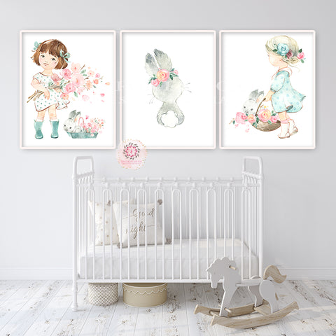 Little Girl Bunny Rabbit Wall Art Print Woodland Nursery Baby Room Blush Floral Bohemian Watercolor Set Prints Printable Decor