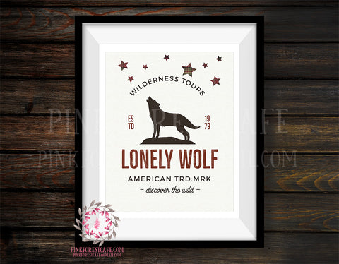 Lonely Wolf Adventure Rustic Woodland Nursery Baby Boy Room Prints Printable Print Wall Art Decor