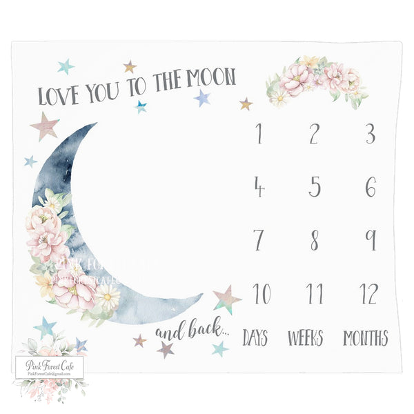 Baby Milestone Blanket Love You To The Moon And Back Stars Blush Flowers Floral Photo Prop