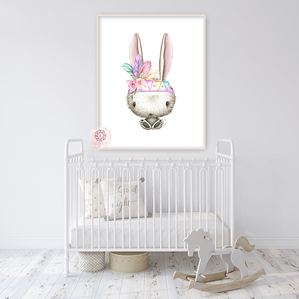 Bunny Rabbit Wall Art Print Feather Nursery Rainbow Pink Purple Mint Tribal Printable Woodland Boho Bohemian Floral Baby Girl Room Printable Decor