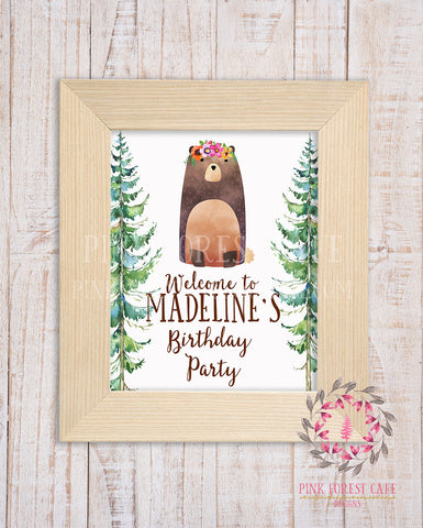 Personalized Woodland Bear Welcome to Birthday Party Baby Bridal Shower Supply Decor Printable Sign Poster Print Wall Art