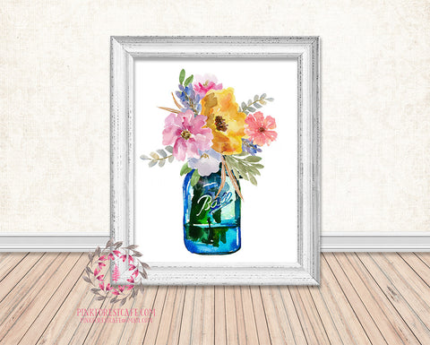 Mason Jar Watercolor Floral Boho Printable Print Wall Art Home Decor