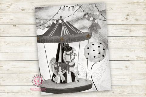 Carousel Horse Monochrome Nursery Wall Art Print Ethereal "Master Jack" Black White Printable Watercolor Mystery Fantasy Magical Carnival Decor