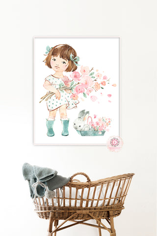 Little Girl Bunny Rabbit Wall Art Print Woodland Nursery Baby Room Blush Floral Bohemian Watercolor Set Prints Printable Decor