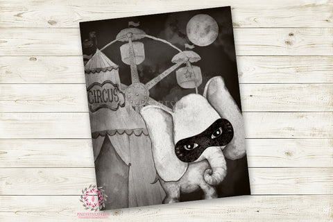 Elephant Superhero Monochrome Circus Nursery Wall Art Print Ethereal " Miller" Black White Printable Watercolor Amusement Park Mystery Fantasy Magical Carnival Decor