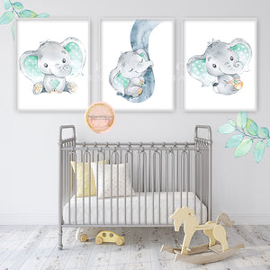 3 Mint Elephant Wall Art Print Nursery Baby Boy Girl Gender Neutral Room Watercolor Printable Decor