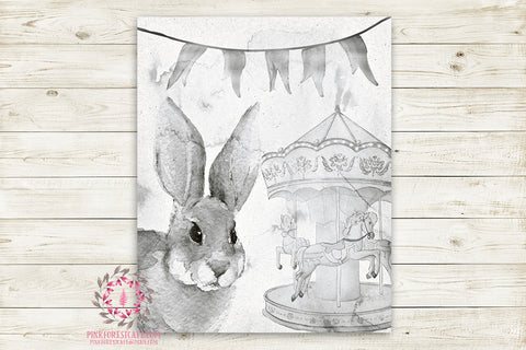 Ethereal Woodland Boho Bunny Nursery Wall Art Print Baby Girl Carousel Horses Black White Rustic "Miss Potter" Printable Watercolor Mystery Fantasy Magical Circus Amusement Park Carnival Decor