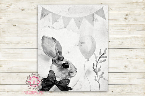 Ethereal Woodland Boho Bunny Nursery Wall Art Print Baby Girl Rustic Balloon Black White "Miss Seraphina" Printable Watercolor Mystery Fantasy Magical Circus Amusement Park Carnival Decor