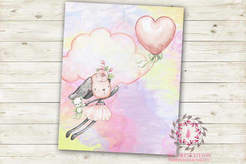 Ethereal Woodland Boho Bunny Nursery Wall Art Print Baby Girl Rustic Balloon Bear "Miss Skyler Pink Sky" Printable Watercolor Mystery Fantasy Magical Decor