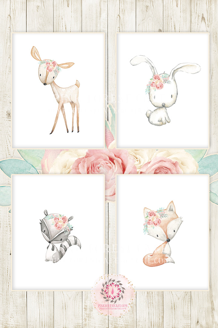 SALE 4 Deer Fox Bunny Rabbit Raccoon Wall Art Print Woodland Boho Bohemian Blush Cream Ivory Floral Nursery Baby Girl Room Set Lot Prints Printable Home Decor