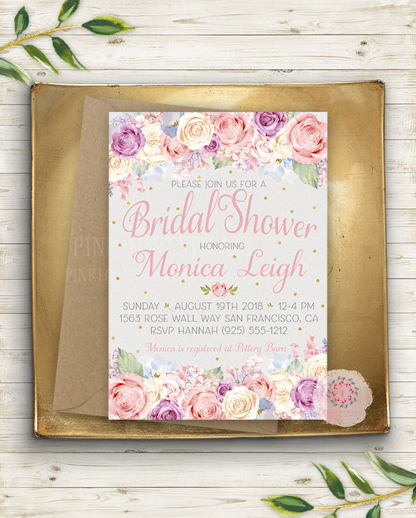 Pink Cream Blush Gold Bridal Baby Shower Invite Invitation Wedding Save The Date Floral Lavender Purple Watercolor Printable Announcement