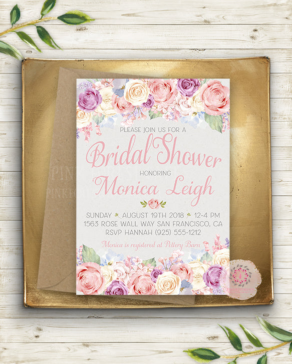 Pink Cream Blush Gold Bridal Baby Shower Invite Invitation Wedding Save The Date Floral Lavender Purple Watercolor Printable Announcement