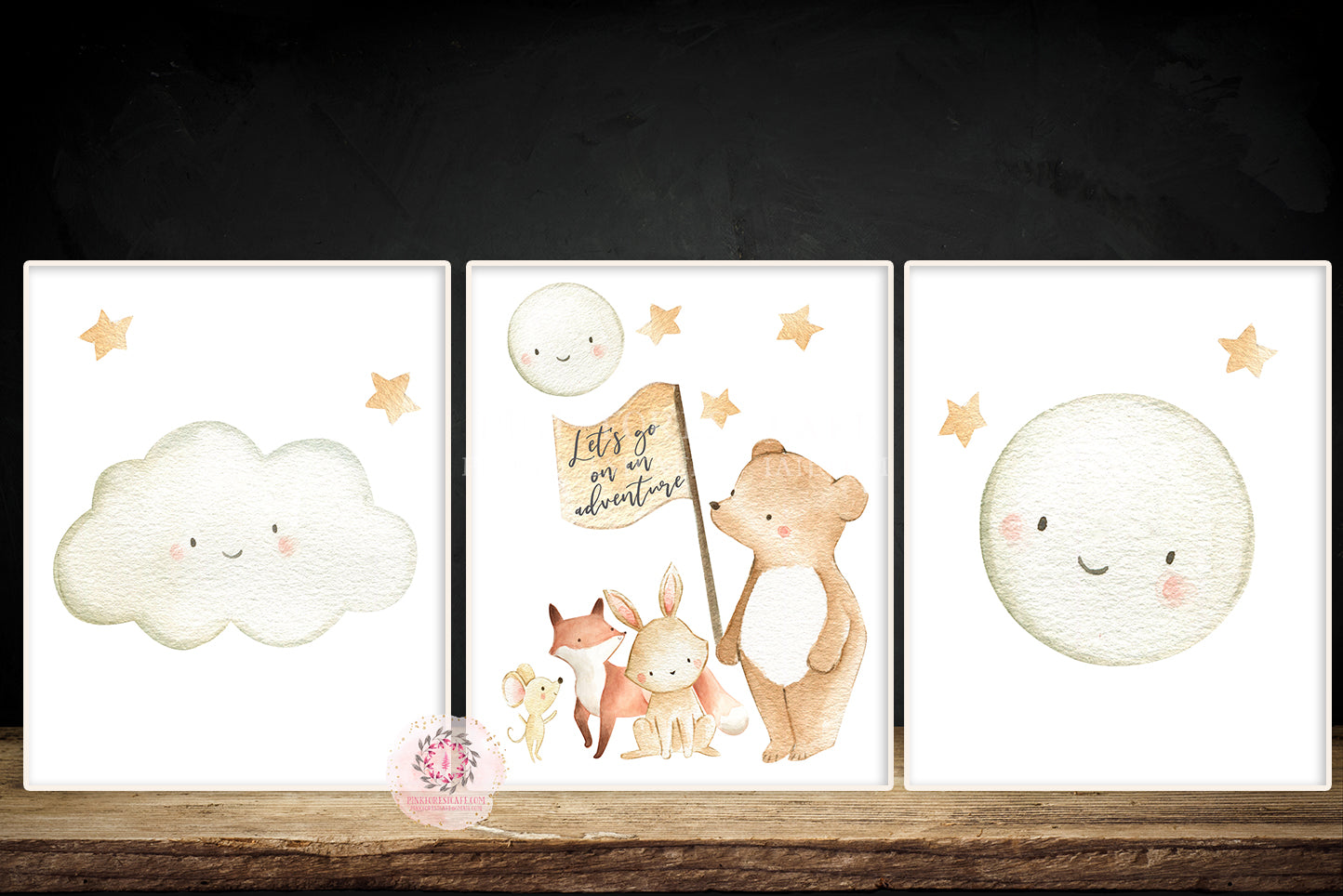 3 Woodland Fox Bunny Rabbit Bear Wall Art Print Baby Nursery Let The Adventure Begin Moon Cloud Stars Watercolor Printable Decor