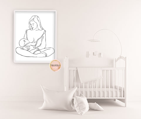 Mother Baby Infant Breastfeeding Wall Art Print Line Black White Nursing Drawing Nursery Baby Room Printable Decor