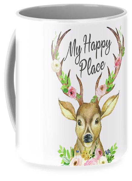 My Happy Place Woodland Boho Deer Antlers Floral Flowers Watercolor Coffee Mug Cup