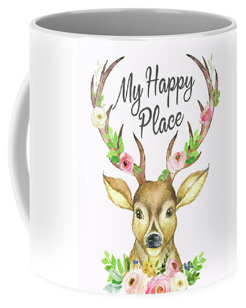 My Happy Place Woodland Boho Deer Antlers Floral Flowers Watercolor Coffee Mug Cup