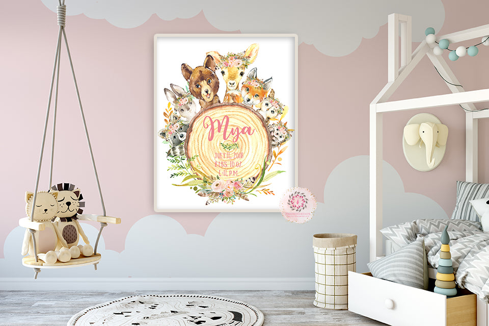 Boho Woodland Fox Bear Deer Bunny Wall Art Print Feather Birth Stats Nursery Baby Girl Boy Unisex Gender Neutral Room Hedgehog Owl Watercolor Printable Decor