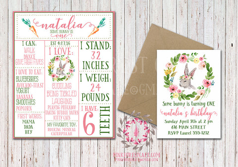 Bunny Rabbit Woodland Baby Girl Boho Garden Floral Birthday Party Milestone Board Invitation Invite Watercolor Printable Print