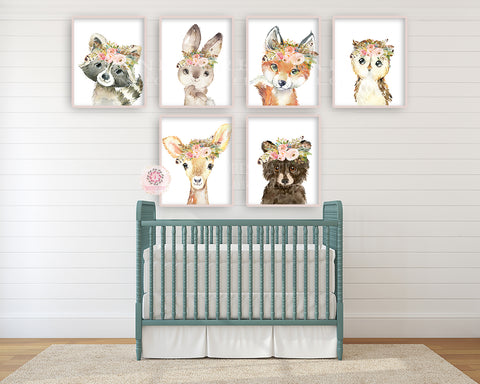 6 Boho Fox Bear Deer Bunny Wall Art Print Woodland Feather Nursery Baby Girl Room Blush Floral Bohemian Watercolor Set Prints Printable Decor