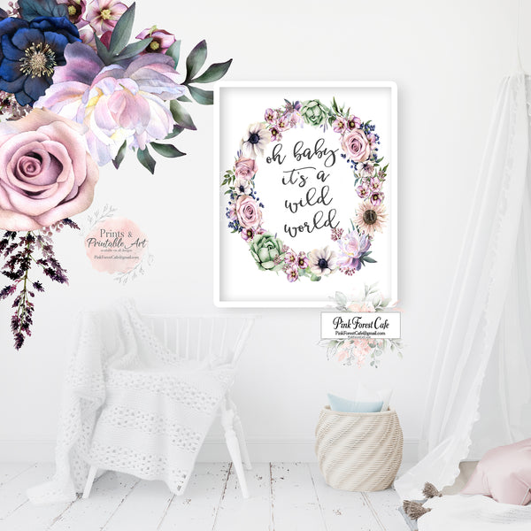 "Oh Baby It's A Wild World" Boho Anemone Sunflower Succulent Wall Art Print Nursery Baby Girl Printable Room Decor