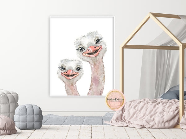 Boho Ostrich Wall Art Print Nursery Baby Girl Zoo Room Watercolor Printable Decor