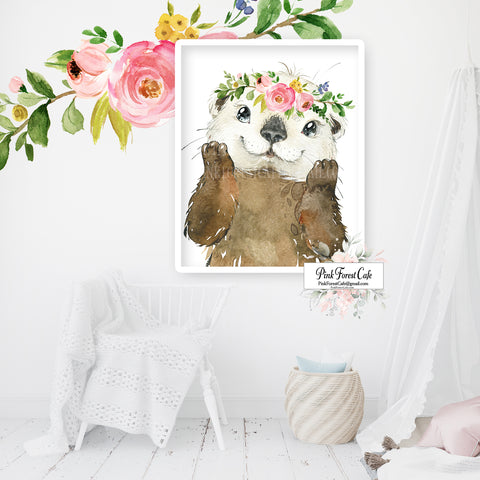 Sea Otter Boho Wall Art Print Nursery Baby Girl Room Floral Bohemian Watercolor Printable Decor