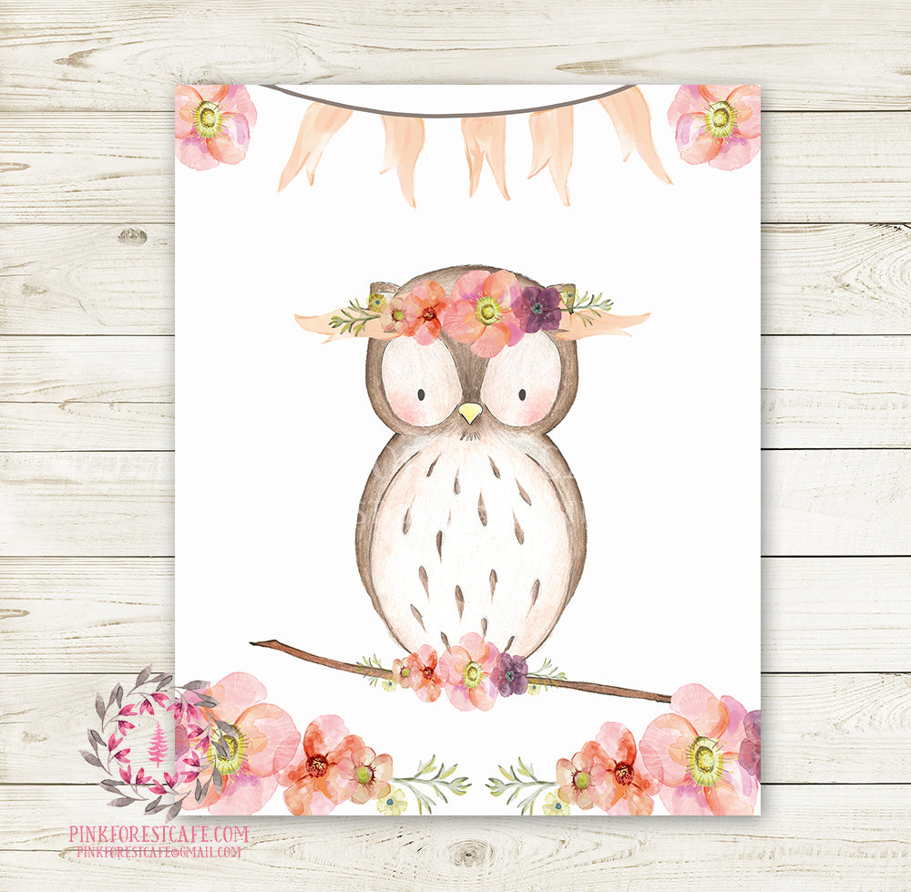 Boho Owl Bohemian Wall Art Print Blush Floral Woodland Nursery Baby Girl Room Printable Decor